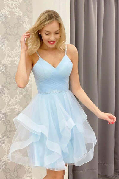 Sky Blue A-Line V Neck  Short Homecoming Dresses