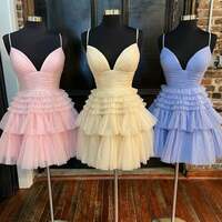 A-Line Deep V Neck Spaghetti strap Tiered Short Homecoming Dress - Thumbnail 3