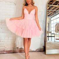 A-Line Deep V Neck Spaghetti strap Tiered Short Homecoming Dress - Thumbnail 2