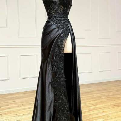 Sheath black long appliques prom dress