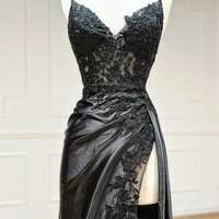 Sheath Black Long Appliques Prom Dress - Thumbnail 1