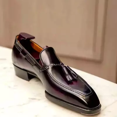 Handmade men's brown tasselled loafer chisel toe original leather loafer shoes