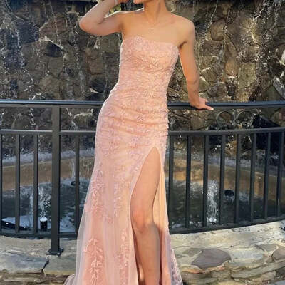 Mermaid strapless lace long prom dress with slit