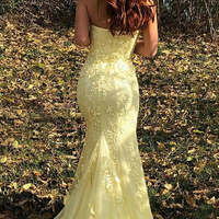 Mermaid Strapless Lace Long Prom Dress with Slit - Thumbnail 3