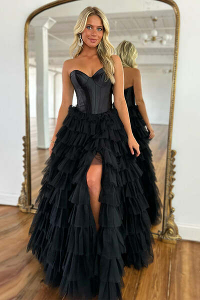 A-Line Sweetheart Tiered Tulle Prom Dress with Slit