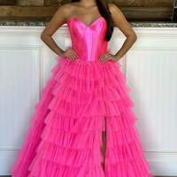 A-Line Sweetheart Tiered Tulle Prom Dress with Slit - Thumbnail 2