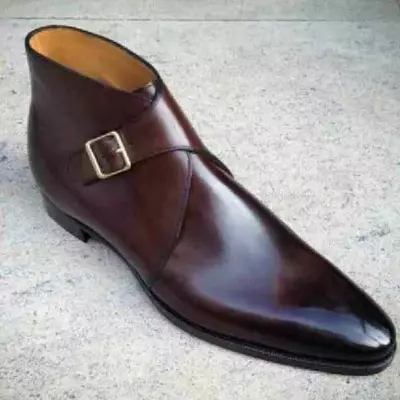 Men's handmade genuine burgundy leather chukka single monk strap formal boots