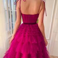 A Line Strapless Fuchsia Tiered Long Tulle Prom Dress - Thumbnail 1