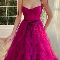 A Line Strapless Fuchsia Tiered Long Tulle Prom Dress - Thumbnail 3