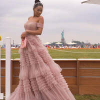 Princess A line Off Shoulder Ruffled Tulle Prom Dress - Thumbnail 1