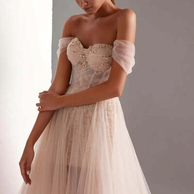 Tulle prom dress a-line long shining beads prom gown