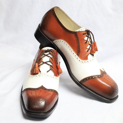 Crafted leather classic brown white leather wingtip oxford lace up dress shoes - Thumbnail 5