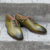 Crafted Leather Classic Green Leather Oxford Dress Shoes - Thumbnail 2