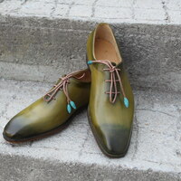 Crafted Leather Classic Green Leather Oxford Dress Shoes - Thumbnail 4