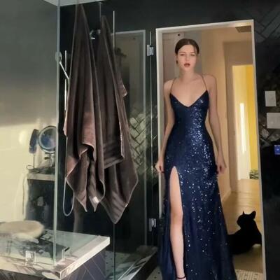 Gorgeous shiny royal blue sequin backless long evening dresses - Thumbnail 1