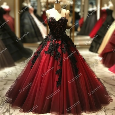 Red and Black Lace Applique Strapless Full Length Tull Prom Dress Evening Dress Custom Hand Made J4-6.1