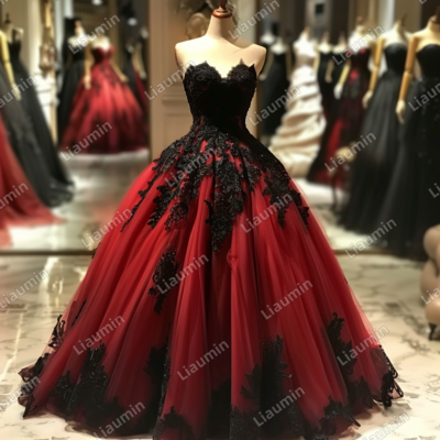 Red and black lace applique strapless full length tull prom dress evening dress custom hand made j4-6.2