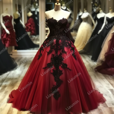 Red and Black Lace Applique Strapless Full Length Tull Prom Dress Evening Dress Custom Hand Made J4-6.4