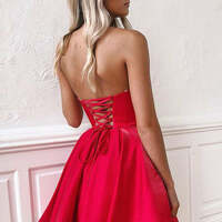 Red A Line Strapless Satin Homecoming Dress - Thumbnail 1