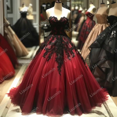 Red and Black Lace Applique Strapless Full Length Tull Prom Dress Evening Dress Custom Hand Made J4-6.5
