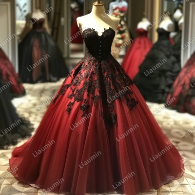 Red and Black Lace Applique Strapless Full Length Tull Prom Dress Evening Dress Custom Hand Made J4-6.6