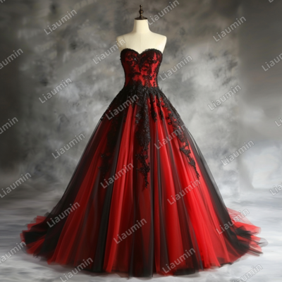Red and black lace applique strapless full length tull prom dress evening dress custom hand made j4-6.8