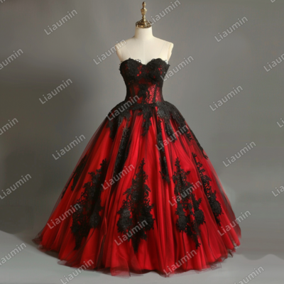 Red and Black Lace Applique Strapless Full Length Tull Prom Dress Evening Dress Custom Hand Made J4-6.9
