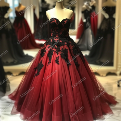 Red and Black Lace Applique Strapless Full Length Tull Prom Dress Evening Dress Custom Hand Made J4-6.10