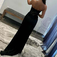 Black Sheath Sweetheart Long Satin Prom Dress with Slit - Thumbnail 1