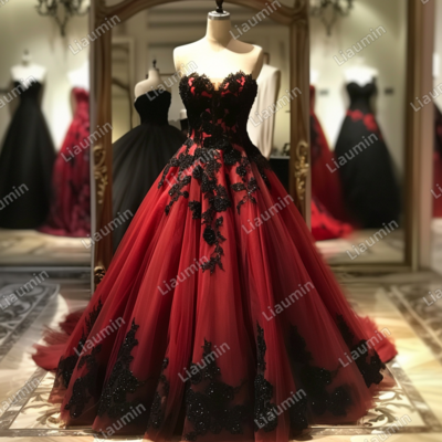 Red and black lace applique strapless full length tull prom dress evening dress custom hand made j4-7.1 - Thumbnail 1