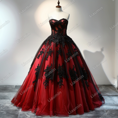 Red and Black Lace Applique Strapless Full Length Tull Prom Dress Evening Dress Custom Hand Made J4-7.2