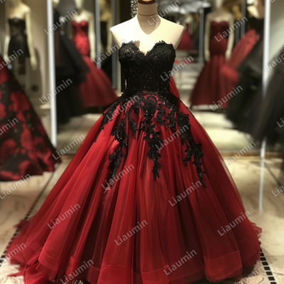 Red and black lace applique strapless full length tull prom dress evening dress custom hand made j4-7.4 - Thumbnail 1