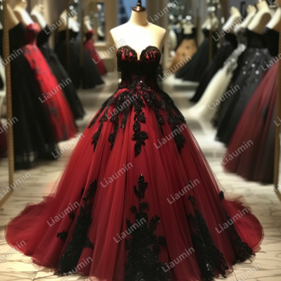 Red and black lace applique strapless full length tull prom dress evening dress custom hand made j4-7.5