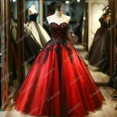 Red and black lace applique strapless full length tull prom dress evening dress custom hand made j4-7.7