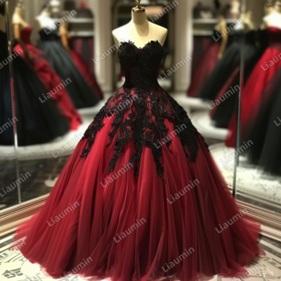 Red and black lace applique strapless full length tull prom dress evening dress custom hand made j4-7.6