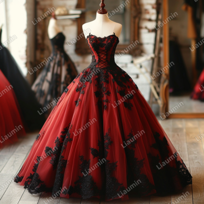 Red and black lace applique strapless full length tull prom dress evening dress custom hand made j4-7.8