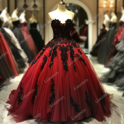 Red and black lace applique strapless full length tull prom dress evening dress custom hand made j4-7.10