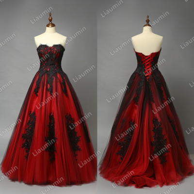 Red and black lace applique strapless full length tull prom dress evening dress custom hand made j4-8.1