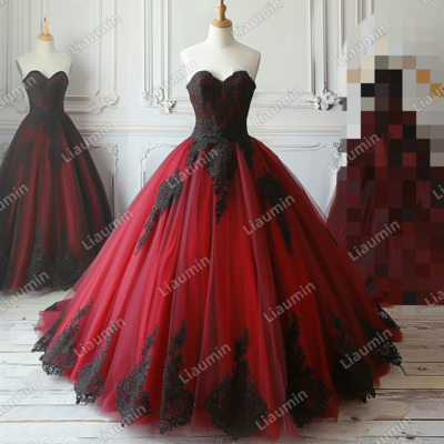 Red and Black Lace Applique Strapless Full Length Tull Prom Dress Evening Dress Custom Hand Made J4-8.2