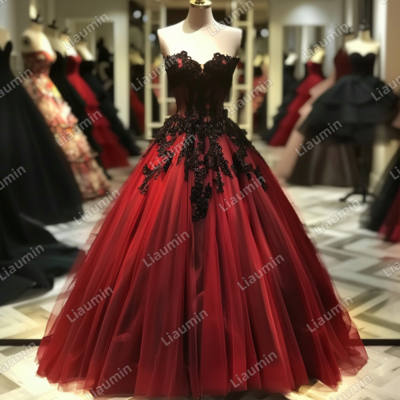 Red and black lace applique strapless full length tull prom dress evening dress custom hand made j4-8.3 - Thumbnail 2