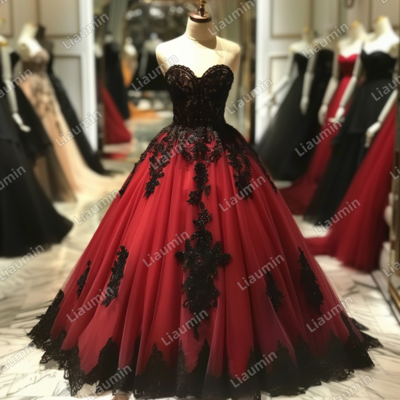 Red and black lace applique strapless full length tull prom dress evening dress custom hand made j4-8.6 - Thumbnail 1