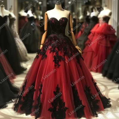 Red and Black Lace Applique Strapless Full Length Tull Prom Dress Evening Dress Custom Hand Made J4-8.4