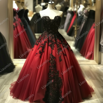 Red and Black Lace Applique Strapless Full Length Tull Prom Dress Evening Dress Custom Hand Made J4-8.7