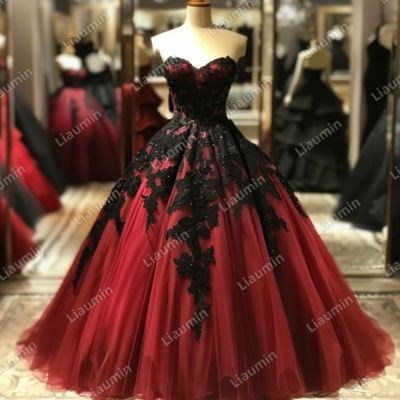 Red and black lace applique strapless full length tull prom dress evening dress custom hand made j4-8.8