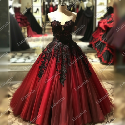 Red and Black Lace Applique Strapless Full Length Tull Prom Dress Evening Dress Custom Hand Made J4-8.9