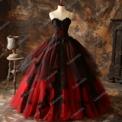 Red and Black Lace Applique Strapless Full Length Tull Prom Dress Evening Dress Custom Hand Made J4-8.10