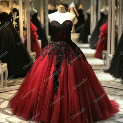 Red and Black Lace Applique Strapless Full Length Tull Prom Dress Evening Dress Custom Hand Made J4-8.12