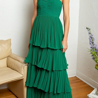 Emerald green strapless ruffle multi-layer long prom dress