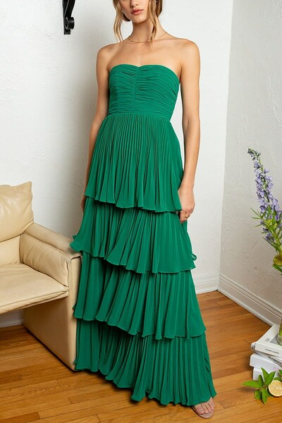 Emerald Green Strapless Ruffle Multi-Layer Long Prom Dress