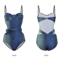 Flroal Blue Cut-out Swimsuit - Thumbnail 5